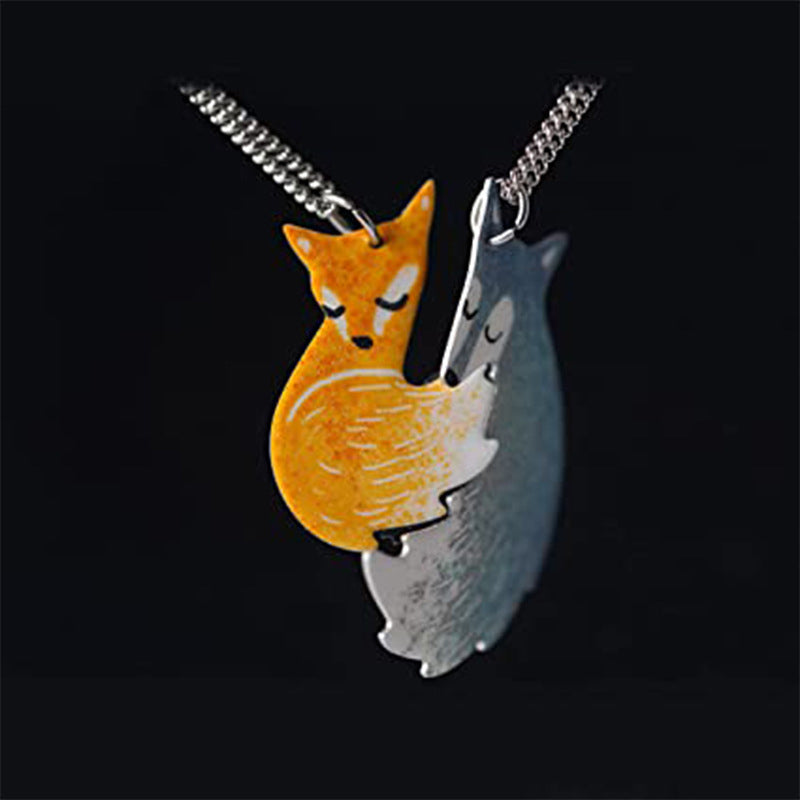 BowLift | Hand-painted Fox and Wolf Couple Embrace Necklace