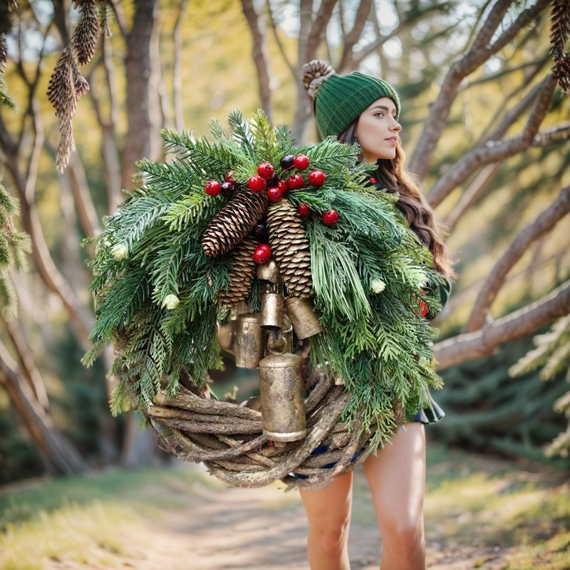 BowLift | Christmas Wreath | Boho Style | Rustic Vine Base with Pinecones & Golden Bells