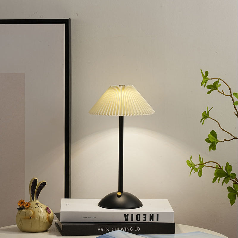 BowLift | Contemporary Scandinavian rechargeable iron fabric cone pleated LED table lamp for bedside