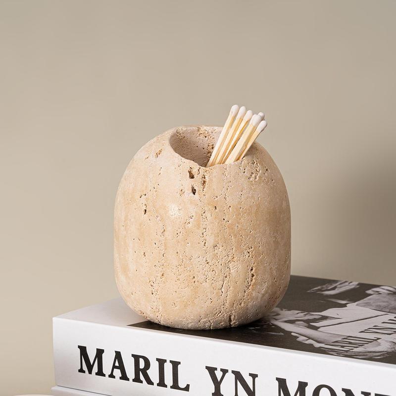 BowLift | Beige Travertine Stone Match Holder and Toothpick Jar