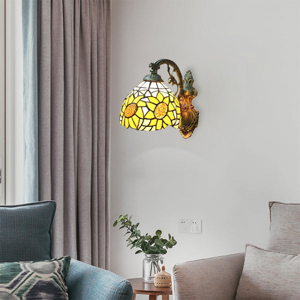 BowLift | Yellow Sunflower Wall Lamp Lodge Style Stained Glass 1 Light Wall Lighting for Bedroom