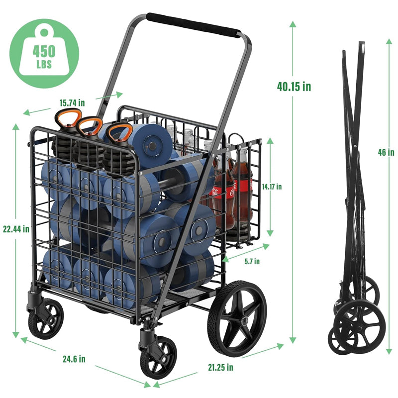 BowLift | Extra Large Shopping Cart 450 lbs Folding Shopping Cart with 360° Swivel Wheels Heavy Duty Utility Cart