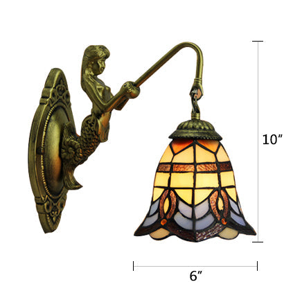 BowLift | Bell Stained Glass Wall Lamp Baroque 1 Head 6"/8" Wide Bronze Wall Mounted Light with Mermaid Backplate