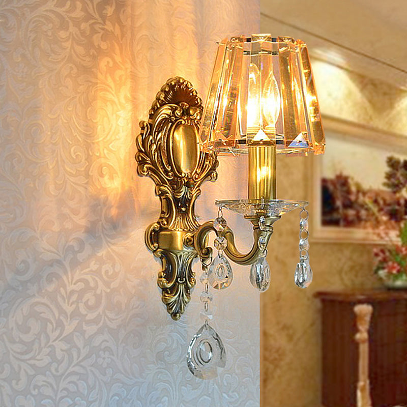 BowLift | 1-Light Candle Wall Lamp Traditional Brass Metal Wall Lighting with Conical Clear Crystal Shade