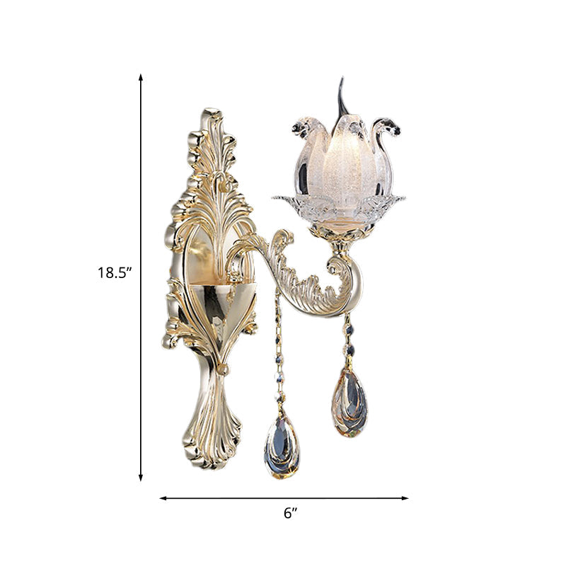 BowLift | 1/2-Light Frosted Glass Wall Lamp Traditional Gold Semi-Open Flower Living Room Wall-Mounted Light
