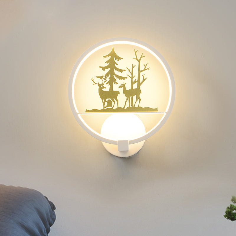 BowLift | Circular Acrylic Moose and Tree Wall Light Nordic Style LED White Wall Mural Lamp for Bedroom