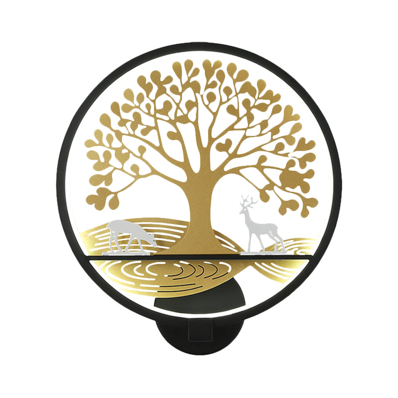 BowLift | Black/White Round Tree Wall-Mounted Lamp Postmodern LED Metal Wall Light for Nightstand, Warm/White Light