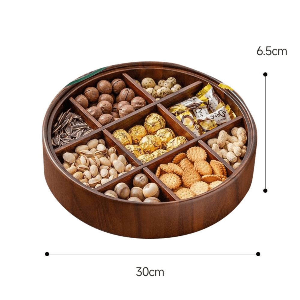 BowLift | BambooSpin – 9-Compartment Serving Tray with Rotating Lid | Premium Bamboo Snack Platter