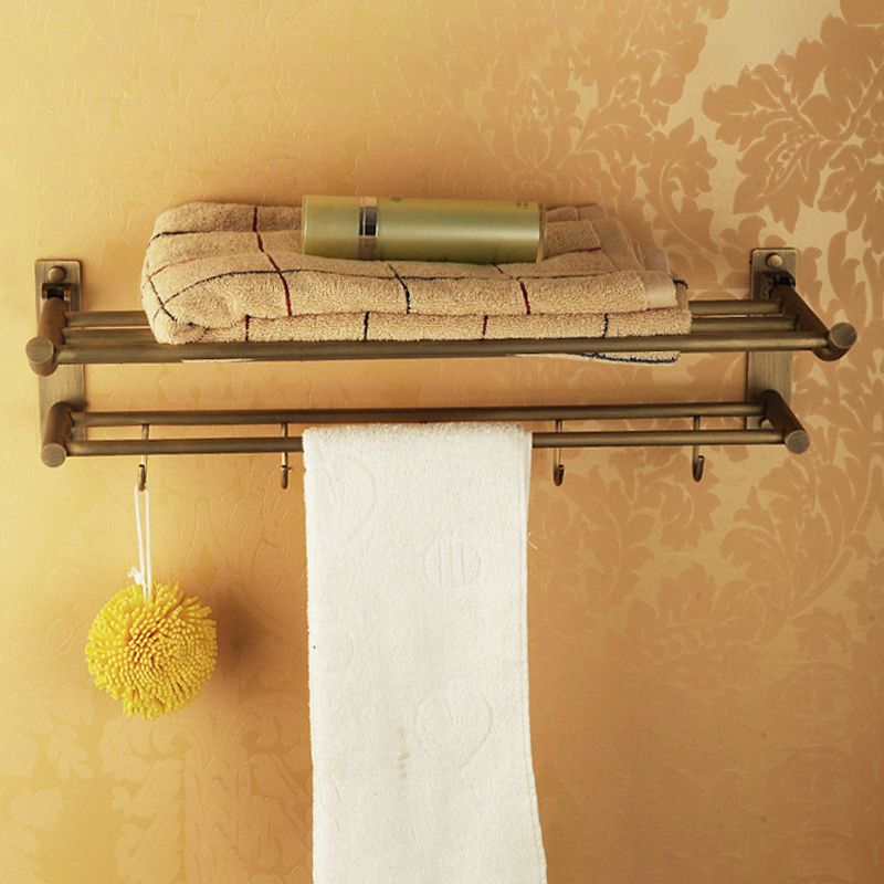BowLift | Worn Brass Traditional Bathroom Set with Bath Shelf/Paper Holder & Towel Bar