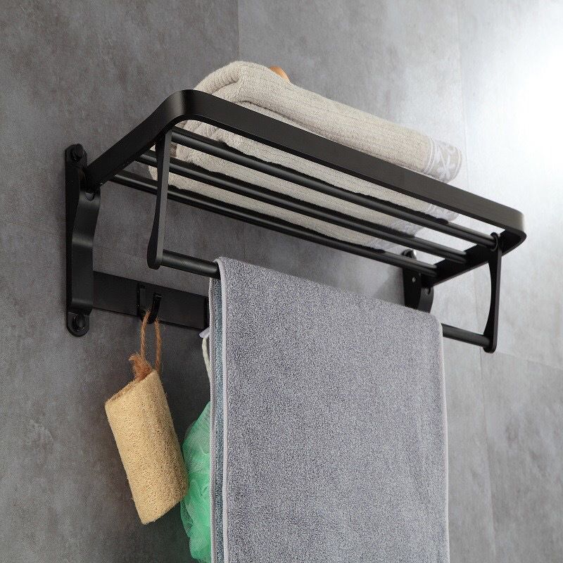 BowLift | 6-piece modern bathroom hardware set in matte black with bathroom shelf/towel holder & bathrobe hook