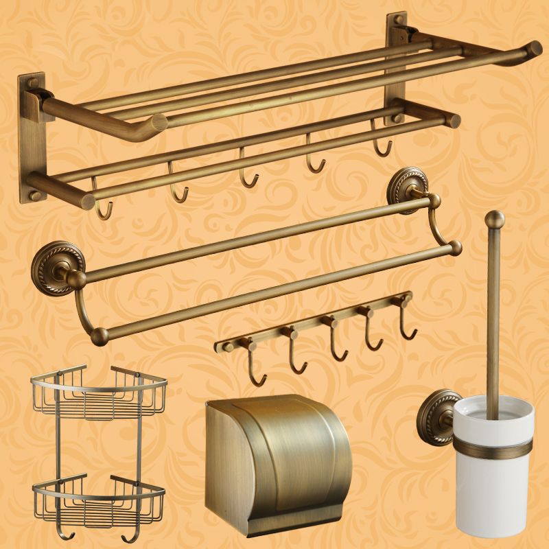 BowLift | Worn Brass Traditional Bathroom Set with Bath Shelf/Paper Holder & Towel Bar