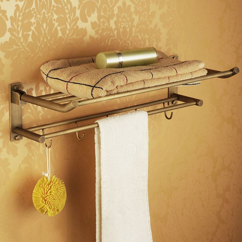 BowLift | Worn Brass Traditional Bathroom Set with Bath Shelf/Paper Holder & Towel Bar