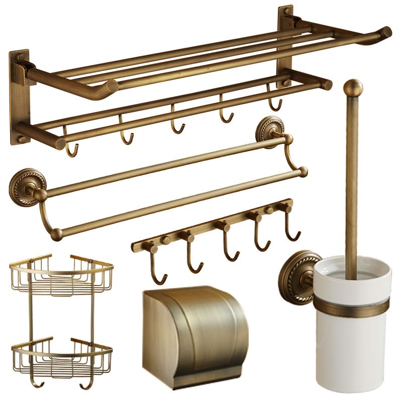 BowLift | Worn Brass Traditional Bathroom Set with Bath Shelf/Paper Holder & Towel Bar