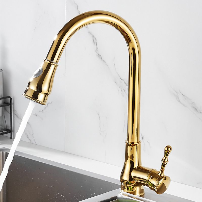 BowLift | Brushed Gold Kitchen Faucet High Arc Swivel Spout with Pull-Down Spray Head