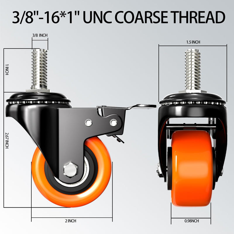 BowLift | 2 Inch Heavy Duty Caster Wheels 150 lbs 4 Pack Threaded Stem Casters with Security Locking Brake