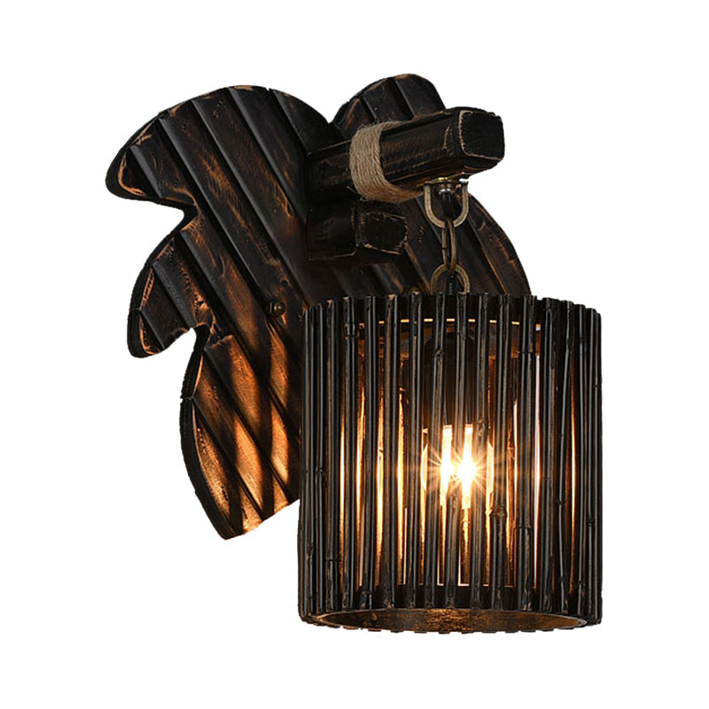 BowLift | Black Finish Cylindrical Wall Light Lodge Stylish 1-Light Bamboo Wall Light with Wood Leaf Back Plate