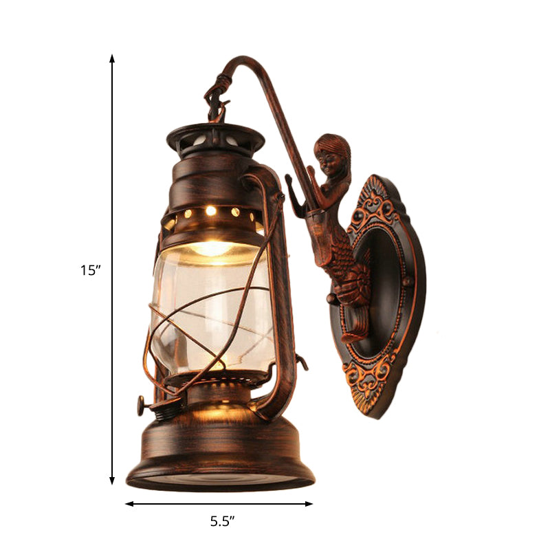BowLift | One Bulb Wall Lamp with Lantern Shade Clear Glass Coast Bedroom Wall Lamp in Black/Antique Brass/Aged Copper with Mermaid
