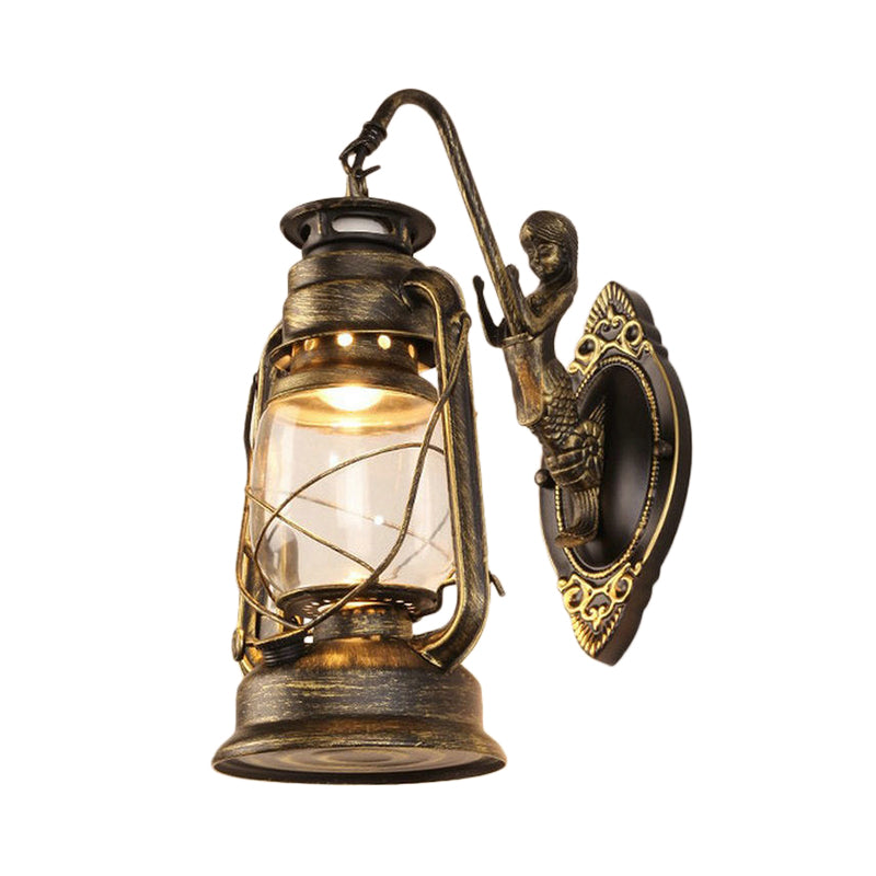 BowLift | One Bulb Wall Lamp with Lantern Shade Clear Glass Coast Bedroom Wall Lamp in Black/Antique Brass/Aged Copper with Mermaid