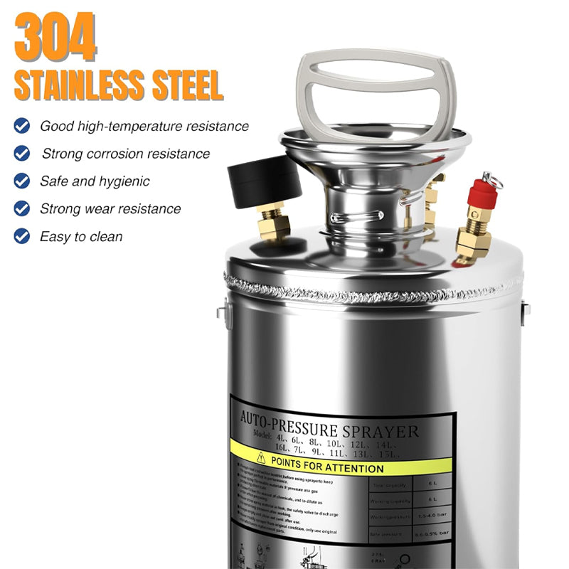 BowLift | 1.5 Gallon Stainless Steel Sprayer Backpack Chemical Sprayer with Pressure Gauge 16" Wand 3.3ft Hose Safety Valve