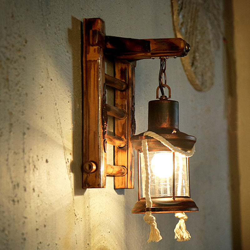 BowLift | Antique Copper Cylinder Wall Lighting Vintage Clear Glass 1 Light Porch Sconces Light with Cage and Wooden Backplate