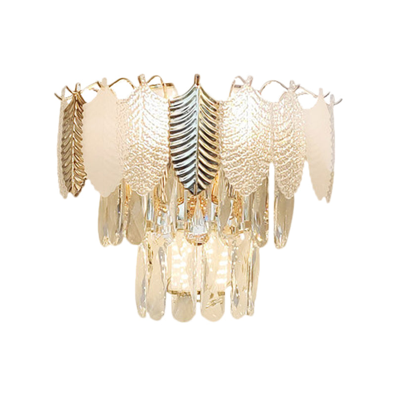 BowLift | 3 Heads Conical Wall Sconce Light Modern Clear Crystal Wall Lamp with Golden and Acrylic Leaves