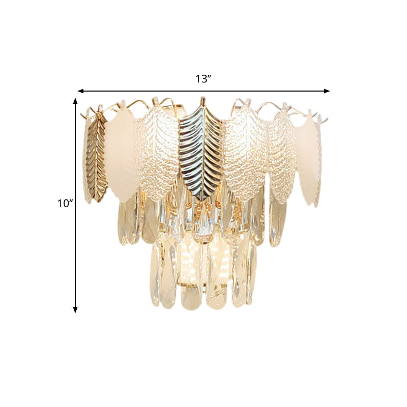 BowLift | 3 Heads Conical Wall Sconce Light Modern Clear Crystal Wall Lamp with Golden and Acrylic Leaves