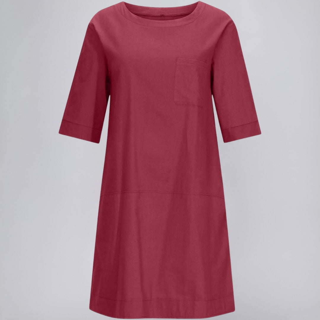Knee-Length Linen Dress with Chest Pocket