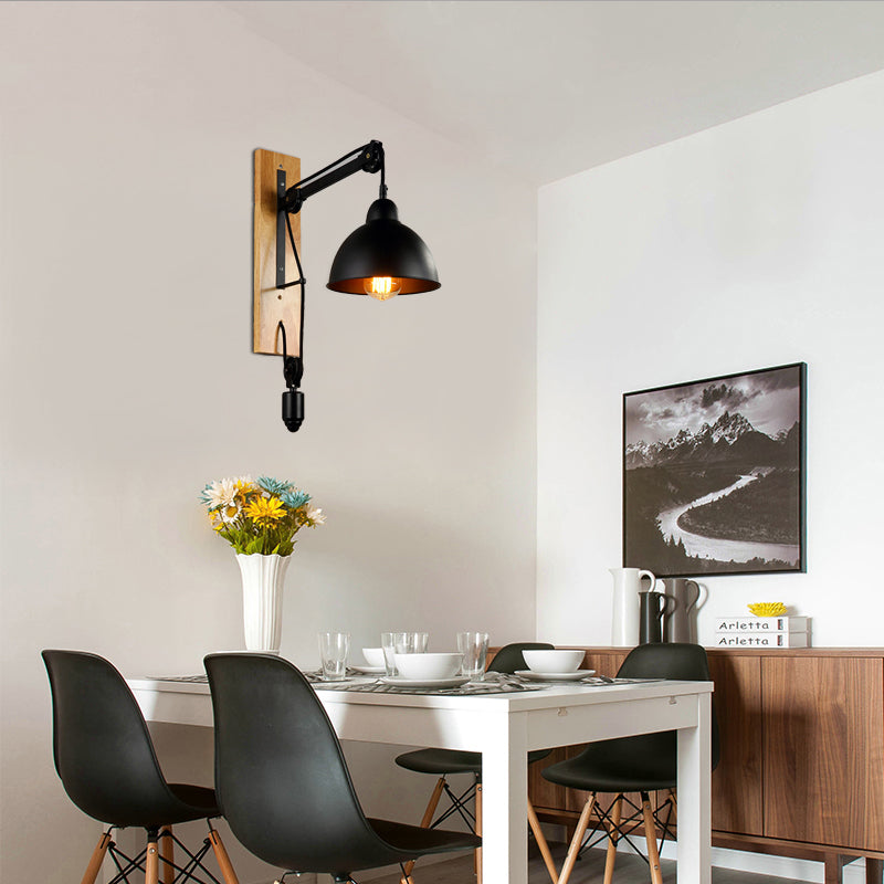 BowLift | Curved Interior Wall Mount Light Industrial Metal 1 Head Black Wall Lamp with Beige/Brown Wood Backing and Pulley
