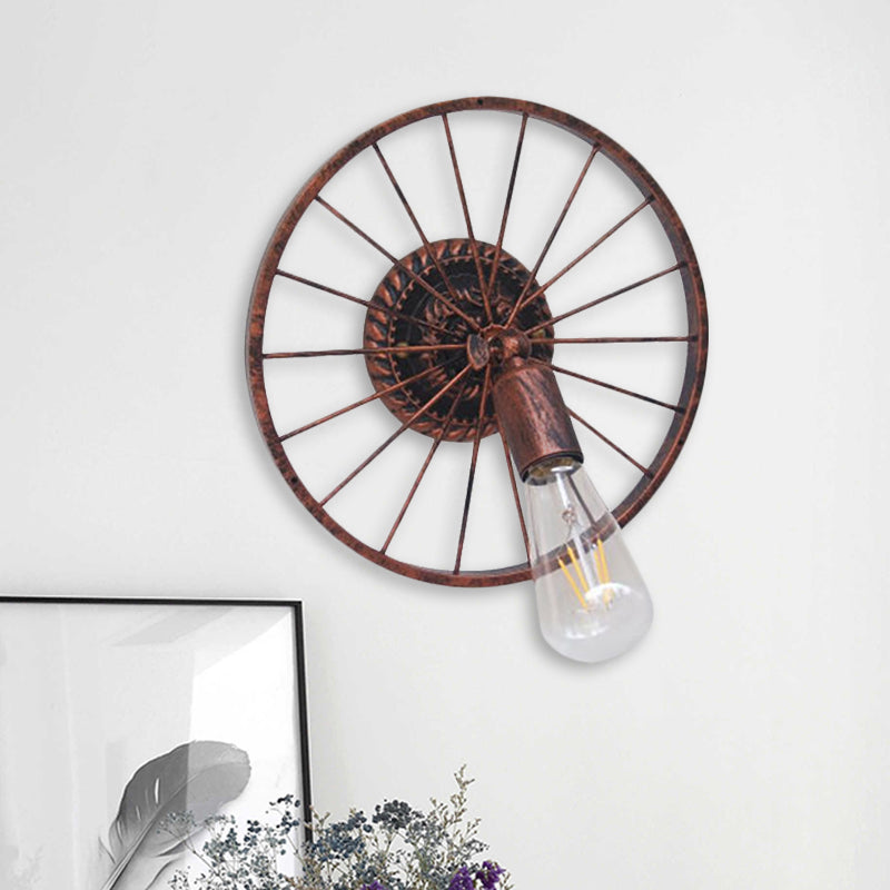 BowLift | Black/Bronze Wheel Design Wall Sconce Lamp with Open Bulb Farmhouse Style Metal 1 Light Restaurant Sconce Light