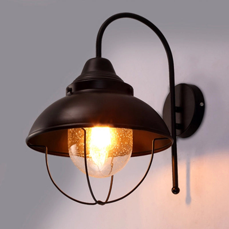 BowLift | Farmhouse Dome Wall Lamp 1 Light Metal Wall Lighting with Cage and Sawed Glass Shade in Black