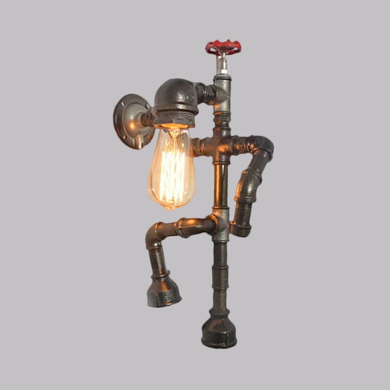 BowLift | Bronze Finish Robot Sconce Light with Expose Bulb and Red Valve Vintage Metallic 1 Head Corridor Wall Lighting
