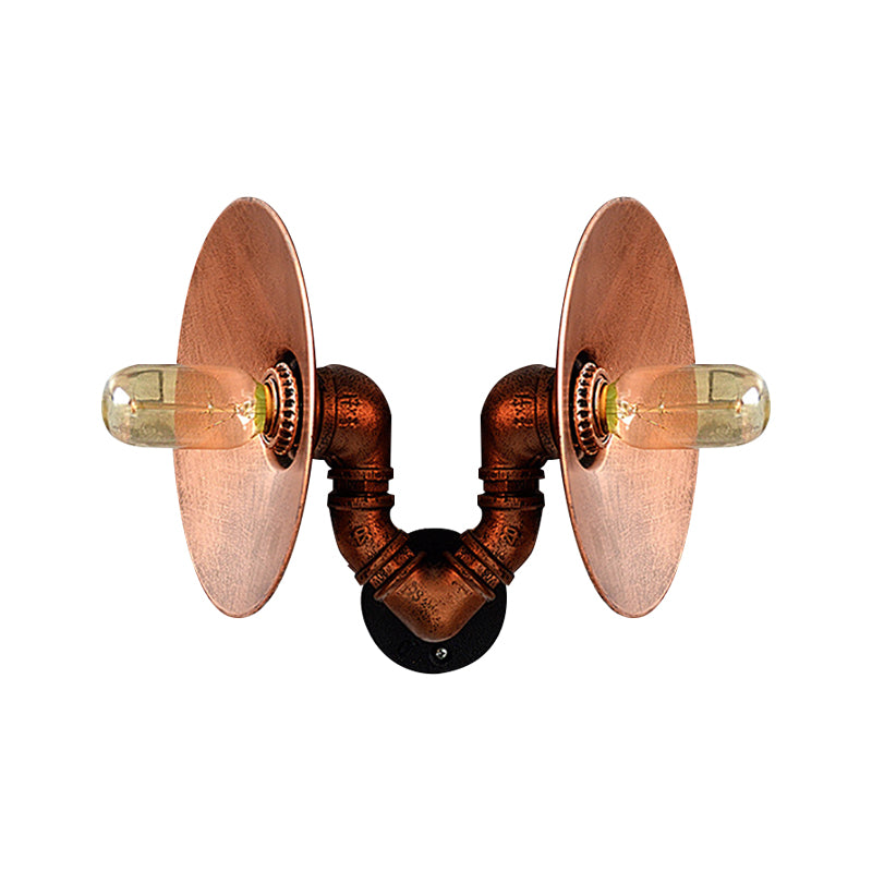 BowLift | Dark Rust Round Wall Light Rustic Style Wrought Iron 2 Bulbs Bedroom Wall Mounted Light with Pipe