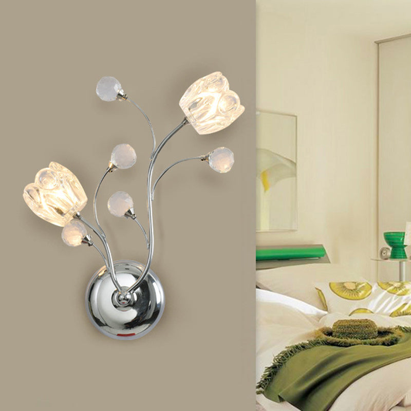 BowLift | Clear Cut Crystal Balls Chrome Wall Lamp Rotating Arm 2 Lights Modern Surface Wall Sconces with Flower Shade