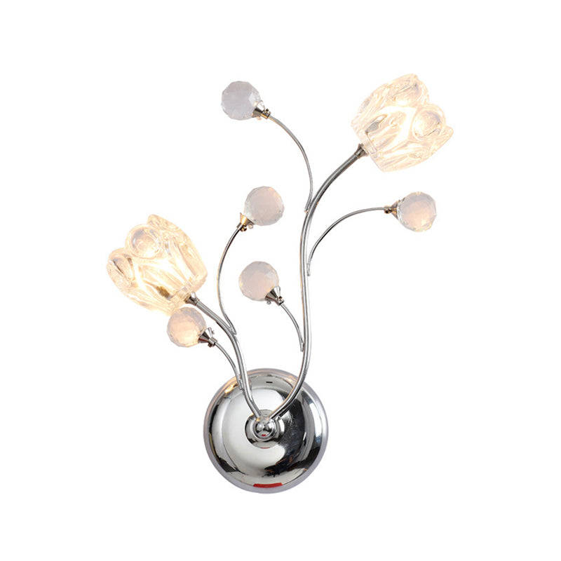 BowLift | Clear Cut Crystal Balls Chrome Wall Lamp Rotating Arm 2 Lights Modern Surface Wall Sconces with Flower Shade