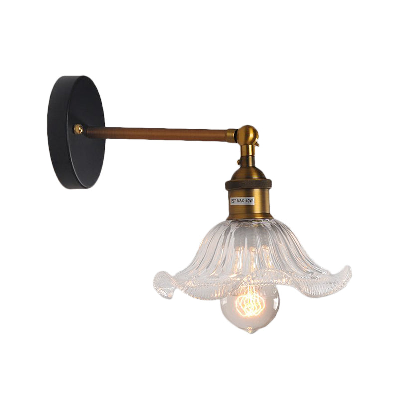 BowLift | Clear Ribbed Glass Cone/Flower Wall Lamp Industrial 1 Light Living Room Lighting Fixture in Brass for Dining Room