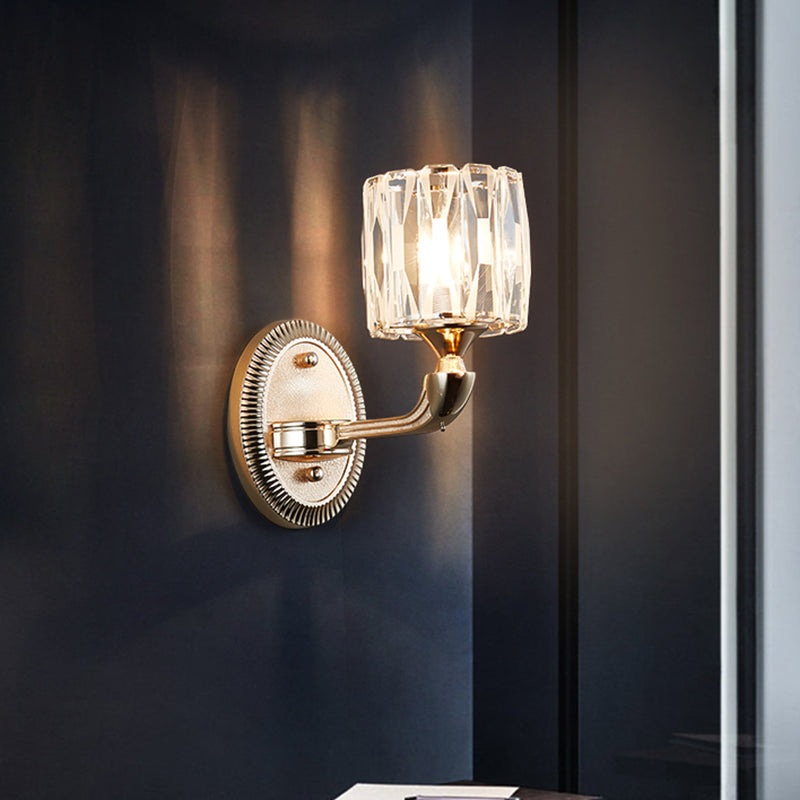 BowLift | 1/2-head bevel cut crystal wall lamp contemporary gold cylinder living room wall mounted light