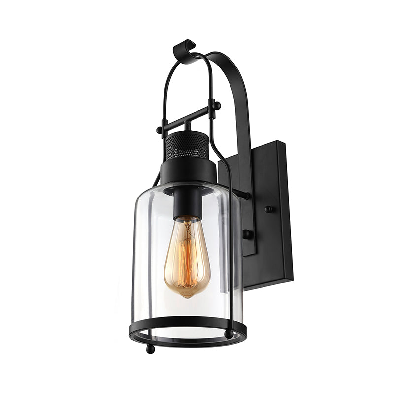 BowLift | Cylinder clear glass wall-mounted lamp industrial single bulb living room wall sconce in black/white/rust with cage