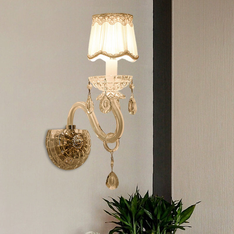 BowLift | 1/2-Light Candles Wall Lamp Traditional White Surface Clear Crystal Wall Light with Curved Base Pleated Fabric Shade