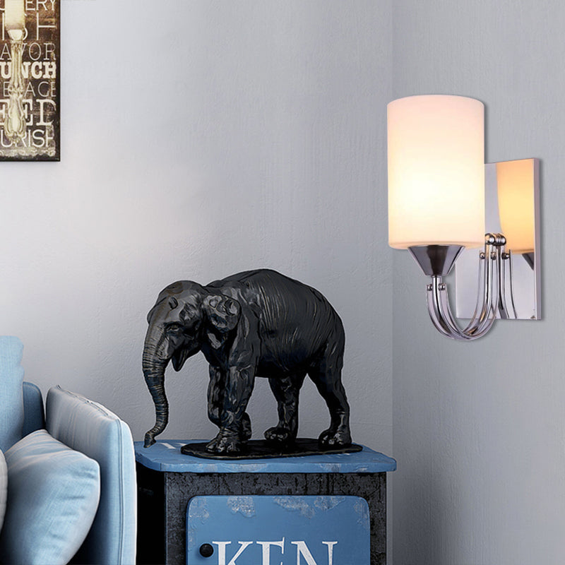 BowLift | Silver Cylindrical Wall Light Modern 1 Light White Glass Wall Mounted Lamp with Curved Arm