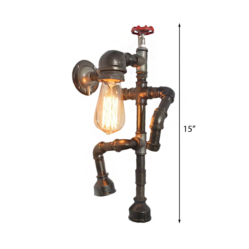 BowLift | Bronze Finish Robot Sconce Light with Expose Bulb and Red Valve Vintage Metallic 1 Head Corridor Wall Lighting