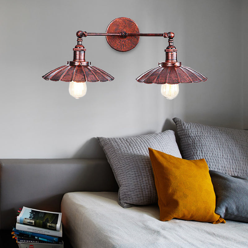 BowLift | Antique Stylish Ribbed Edge Wall Lamp 2 Heads Metal Wall Mounted Light in Brass/Rust for Bedroom