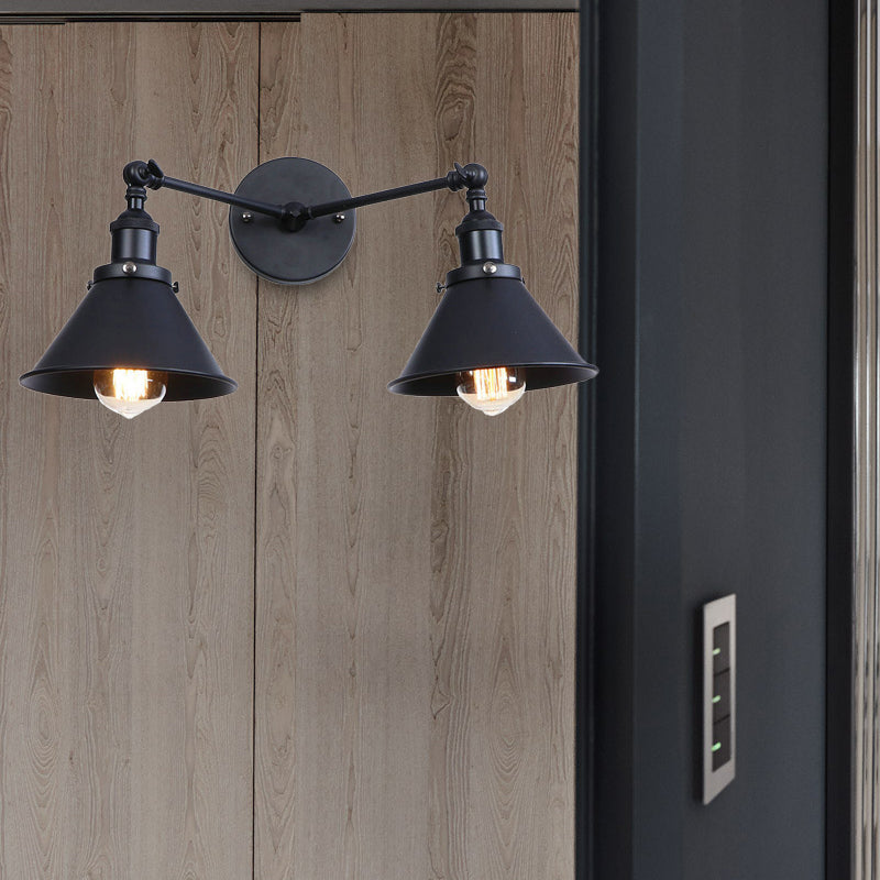 BowLift | Tapered Umbrella Iron Wall Mount Light Industrial Vintage 2 Heads Farmhouse Wall Mount Light in Black/Brass