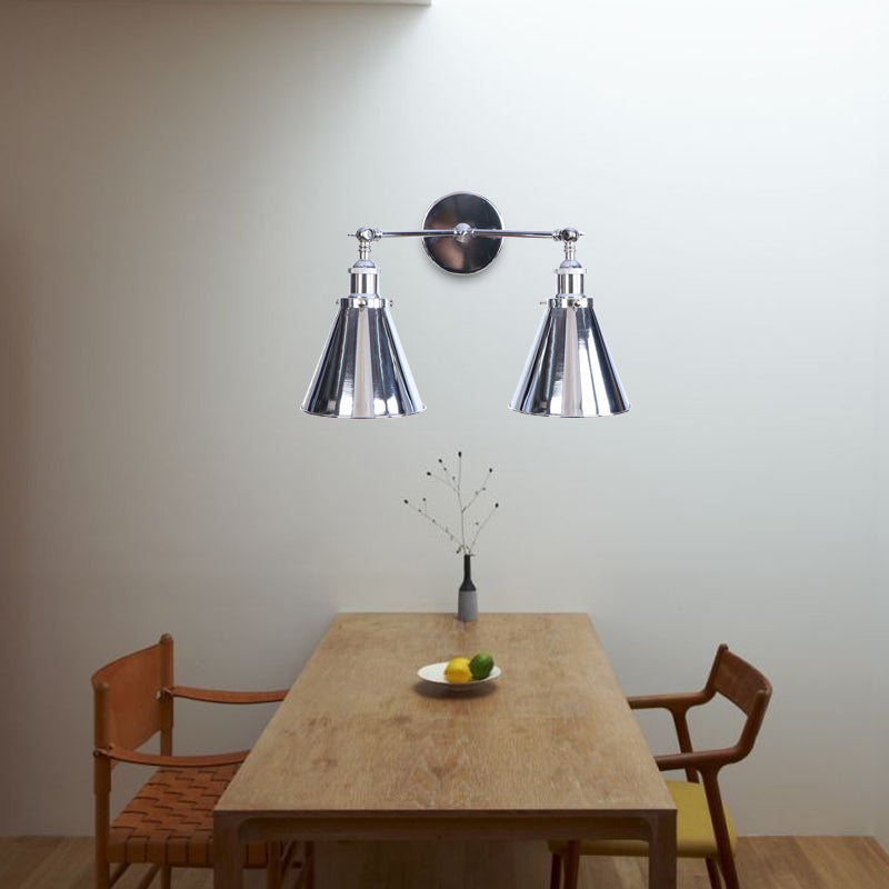 BowLift | Polished Chrome Conic Wall Mount Fixture Retro Style Iron 2 Lights Dining Room Wall Mount Light