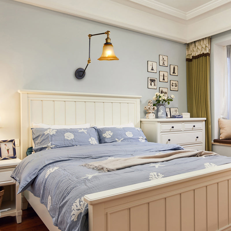 BowLift | Amber Glass Black Wall Sconce Lighting Bell Shade 1-Light Industrial Light Fixture with Adjustable Arm