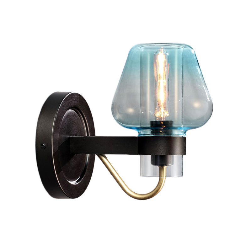 BowLift | Tapered Shade Bedroom Wall Light Modern Blue Glass 1 Light Black Wall Lamp