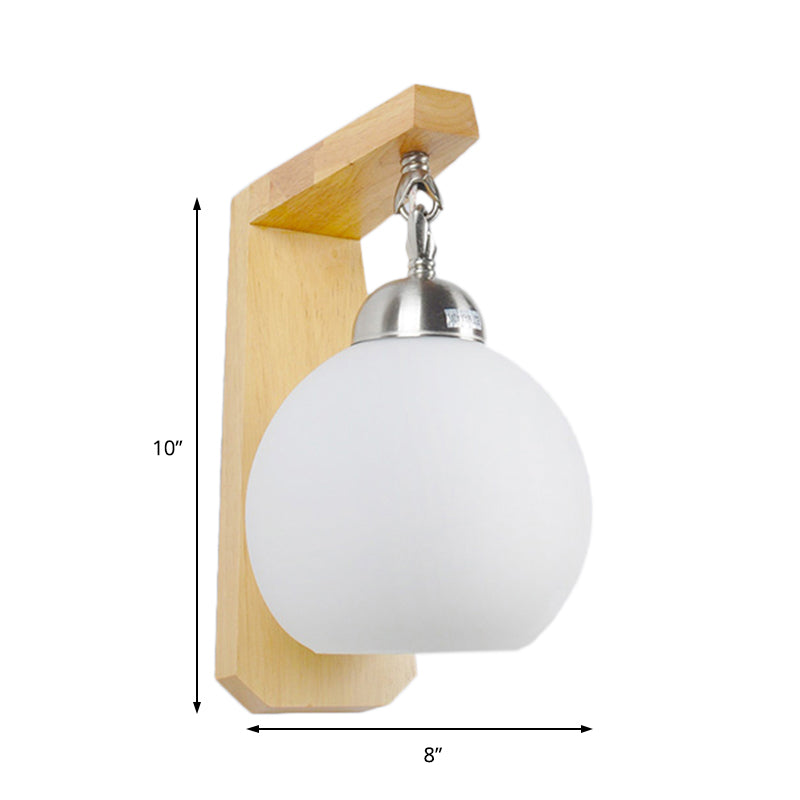 BowLift | Opal Glass Globe Shade Wall Lamp Industrial 1 Light Bedroom Lighting Fixture with Wooden Back Plate