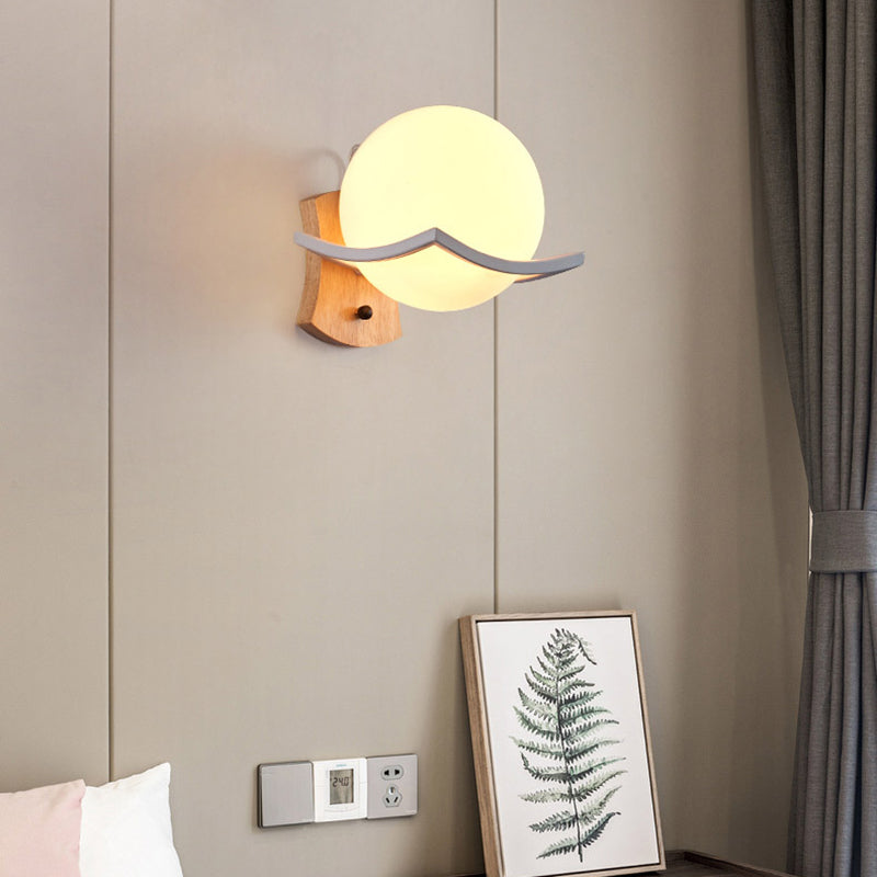 BowLift | Wood One Light Wall Lamp Nordic White Glass Globe Lighting Fixture for Living Room