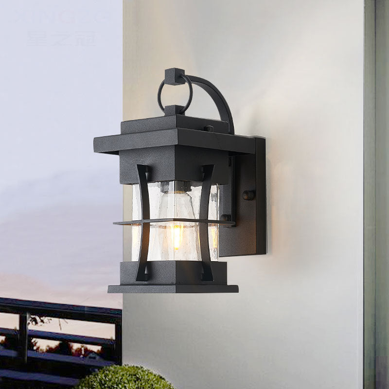 BowLift | Clear Glass Black Wall Light Square/Rectangle 1-Light Coastal Wall Lamp Fixture with Iron Cage