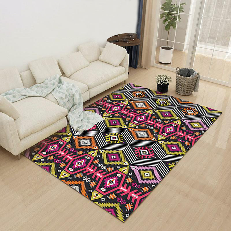 BowLift | Yellow Pink Ancestral Diamond Carpet with Tribal Symbols Polyester Washable Pet-Friendly Area Rug for Fireplace