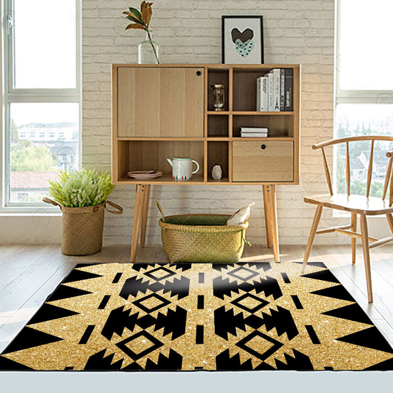 BowLift | Zigzag Tribal-Diamond Rug in Gold and Black Polyester Non-Slip Back Power Loom Indoor Rug
